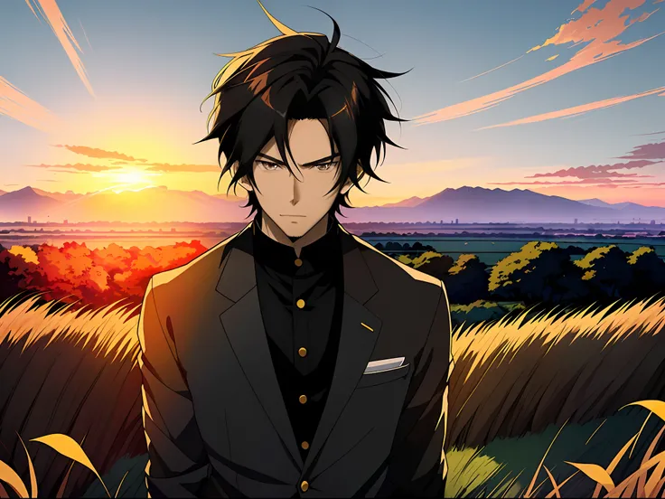 Anime boy in rye field with sunset background, Anime handsome man，Short black hair，Black eyes，Black clothes, Anime portrait of a handsome man, Official illustration, offcial art, young anime man, Key anime art, Smooth anime CG art, Handsome anime pose