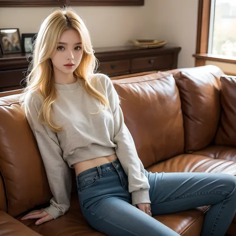 A blonde girl with long blonde hair. Thin and sexy body. wearing tight pants and a casual sweatshirt. Sitting on a sofa at her home