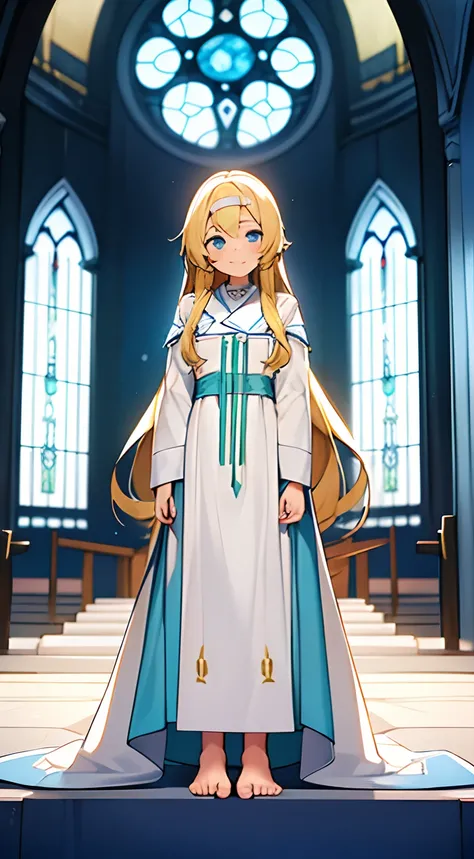 A girl with long blonde hair，Around 14 years old，Become a pastor of the church，Wearing a white robe，The clothes have a lot of blue and yellow tattoos，Very Christianized，Barefoot，ssmile，green pupills，Very caring