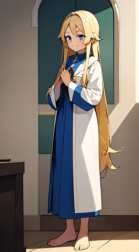 A girl with long blonde hair，Around 14 years old，Become a pastor of the church，Wearing a white robe，The clothes have a lot of blue and yellow tattoos，Very Christianized，Barefoot，ssmile，green pupills，Very caring