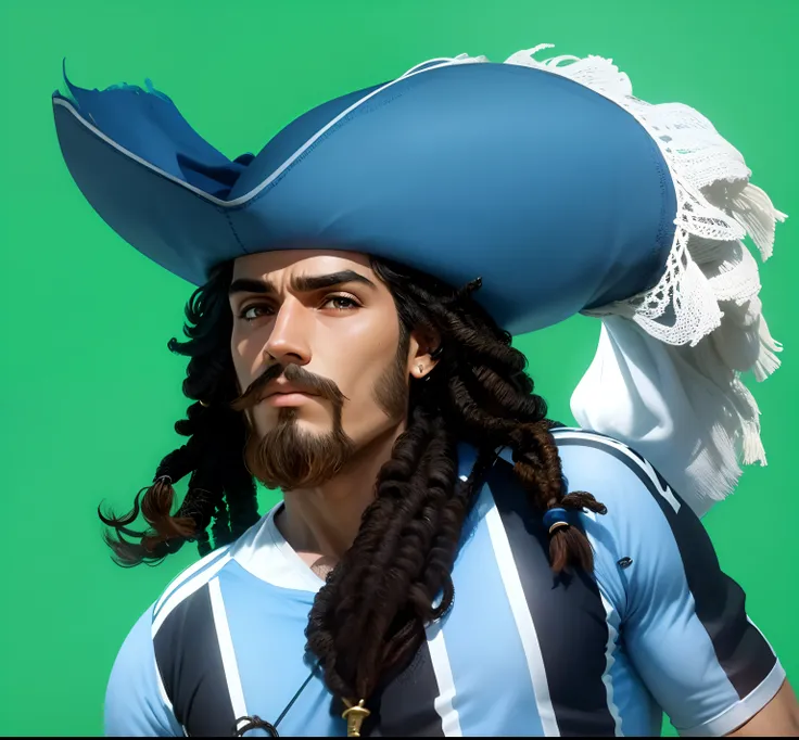 mosqueteiro, chapeu de pirata, bigode, cabelo rasta