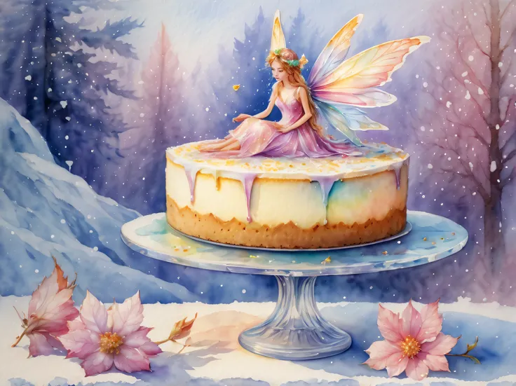 watercolor masterpiece that captures the essence a fairy on the cheesecake, around pretty ice flower, three-quarter view, thick coating, pastel colors, intricate insane detailed, high resolution, watercolor technique used, stunning watercolor painting, stu...