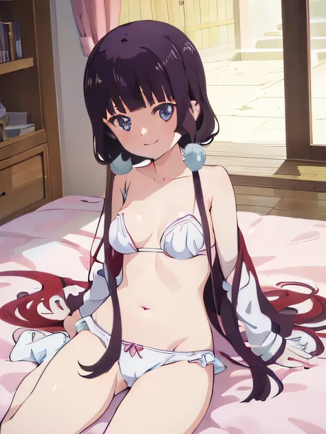 ((masutepiece)), ((Best Quality)), (Ultra-detailed), Anime style, Luxury bed, Cute little girl s, 1girl in, Solo,((Beautiful eyes)), large full breasts, wearing underpants, Smile