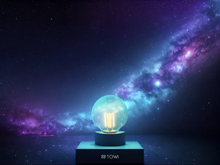 idea lamp , galaxy background , soft lighting, 8K, octal render, render, super realistic, full body