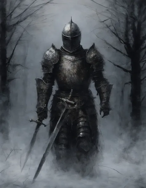 Create an impressionist painting of a creepy warrior knight, Schnee, Kosmische Asche, artistic, kompliziert