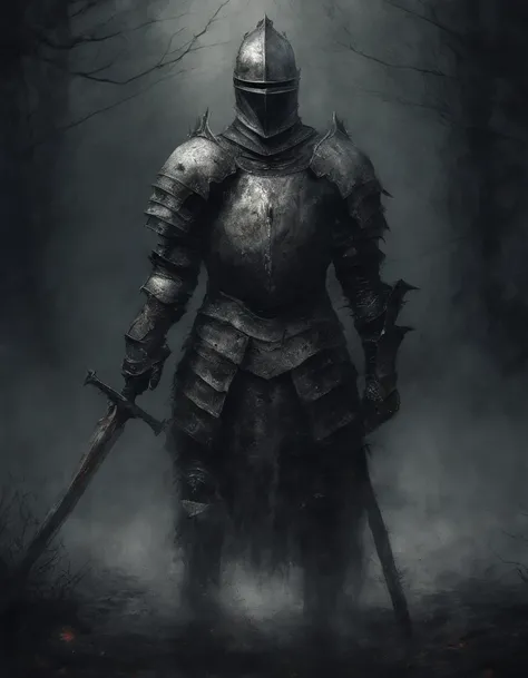 Create an impressionist painting of a creepy warrior knight, Schnee, Kosmische Asche, artistic, kompliziert