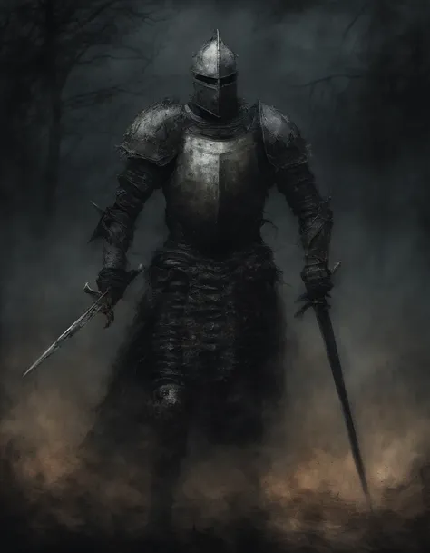 Create an impressionist painting of a creepy warrior knight, Schnee, Kosmische Asche, artistic, kompliziert