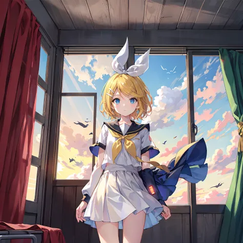 Kagamine Rin , por rubio  , coletas 、ojos rojos、Hermosa chica sola、quimono、una minifalda、aula de escuela 、sentado en pupitre , luz de atardecer (entrando por la ventana , cortinas que se mueven un poco con el viento