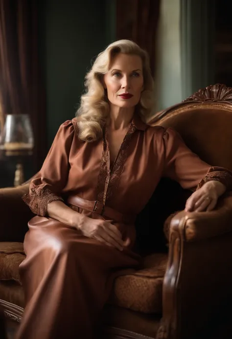 Portrait of a 48-year-old blonde French woman in 1940, period dresses, Genuine leather, You can take selfies like a smartphone when you sit, (Living room with period furniture, Moody Soft Light: 1.2)