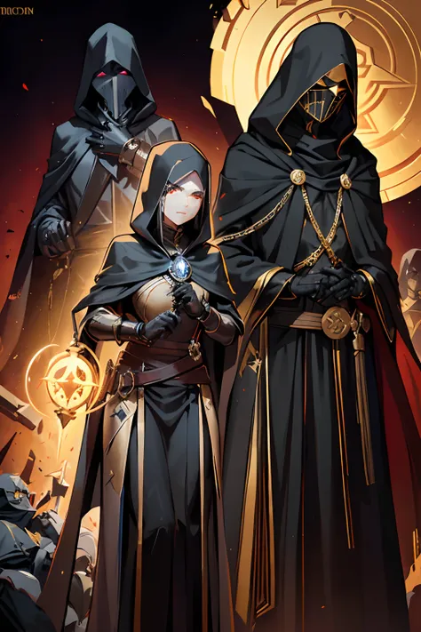 arafed man in a black cloak and a gold mask, corvo attano, hooded cloaked sith lord, doctor doom, in dark robes with gold accents, reaper from overwatch, flowing robes and leather armor, black and gold armor, black and golden armor, steel inquisitor from m...