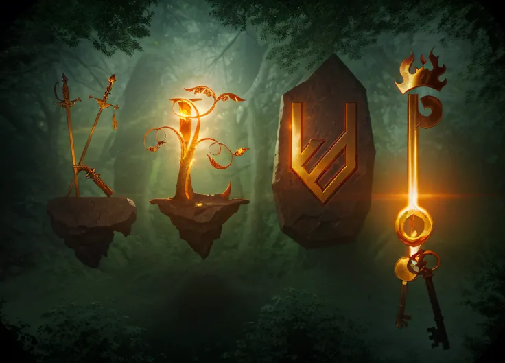 fantasy logo, in forest environment, swords, musket, dwarven rune on a rock, keys, flame crown