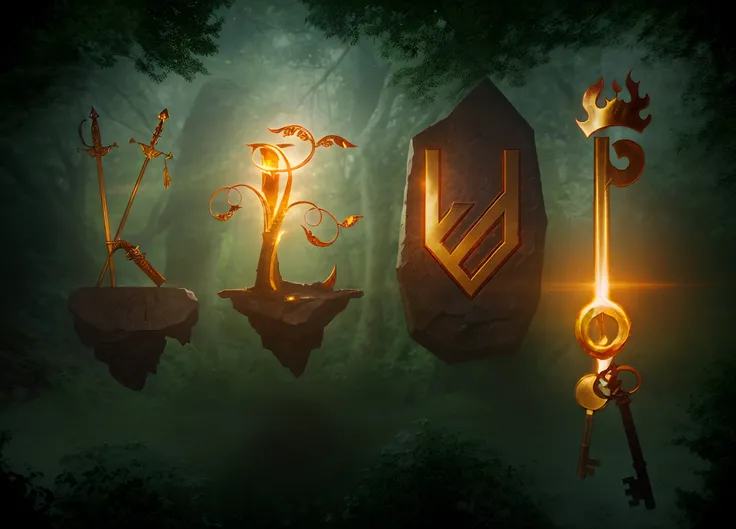 fantasy logo, in forest environment, swords, musket, dwarven rune on a rock, keys, flame crown