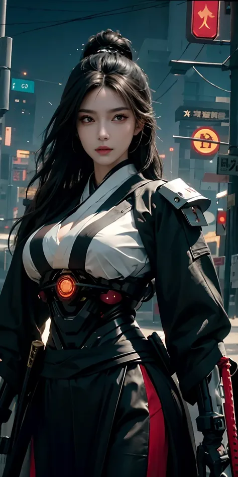 photorealistic, high resolution, soft light,1women, solo, hips up, (detailed face), black long hair, cybersamurai, cyborg, cyberpunk,  cyber armor, holding weapon,glowing,on the street , kimono , sniper looking at the target, katana