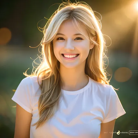 Viewers see mystical realism of the highest quality, (bio luminescent:0.95) cute woman smiling person adorable light halo light particles one girl light shirt ray trace bright light romanticism big light background goddess soft smile high quality blonde ha...