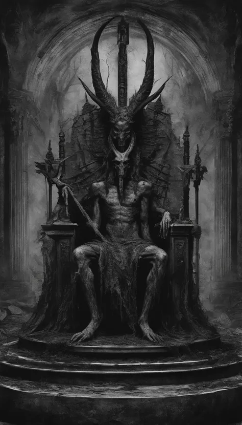 Baphomet sitting on his throne in hell with bloodied ground