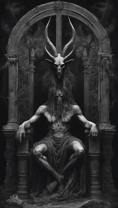 Baphomet sitting on his throne in hell with bloodied ground