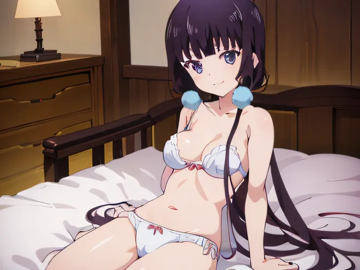 ((masutepiece)), ((Best Quality)), (Ultra-detailed), Anime style, Luxury bed, Cute little girl s, 1girl in, Solo,((Beautiful eyes)), large full breasts, wearing underpants, Smile