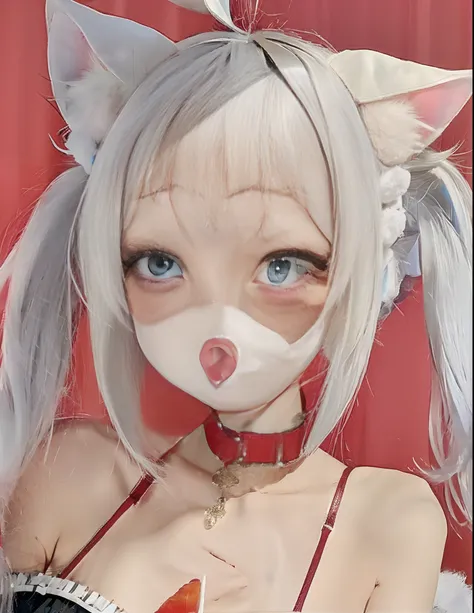 White hair, cat ear, white skin, realistic