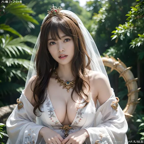 (Fight fiercely with dragons)、top-quality、​masterpiece、超A high resolution、（White Dragon Armor）、(((Colossal tits))),dragon armor、(Wearing a beautiful crown made of jewels),(Photorealsitic:1.4)、Raw photo、女の子1人、Golden hair、glowy skin、(((Chinese Dragon)))、（Gor...