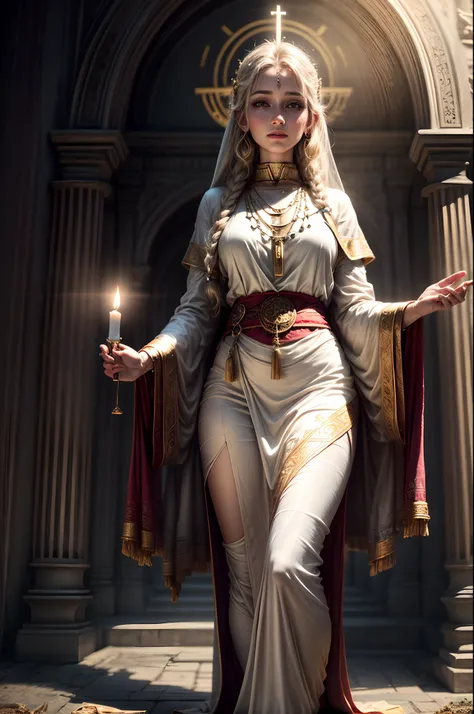 (best quality,4k,8k,highres,masterpiece:1.2),ultra-detailed,(realistic,photorealistic,photo-realistic:1.37),portrait, woman,blonde,pale skin,hazel eyes,priestess,sacred atmosphere,candlelit,golden halo,rosary beads,ornate clothing,serene expression,peacefu...