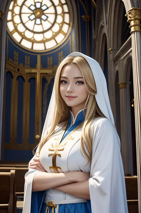 8K、Photorealistic RAW photos of the highest quality。1.4) (Mature saint 1 person) Super beauty(lifelike face) Big-breasted saint,Wear a blue and white sacred robe Silver staff with golden decoration Long blonde hair and blue eyes Smiling clergy Beautiful ap...