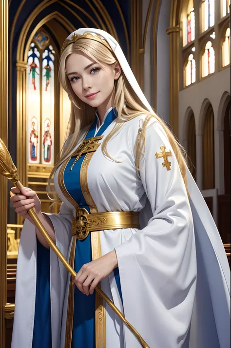 8K、Photorealistic RAW photos of the highest quality。1.4) (Mature saint 1 person) Super beauty(lifelike face) Big-breasted saint,Wear a blue and white sacred robe Silver staff with golden decoration Long blonde hair and blue eyes Smiling clergy Beautiful ap...