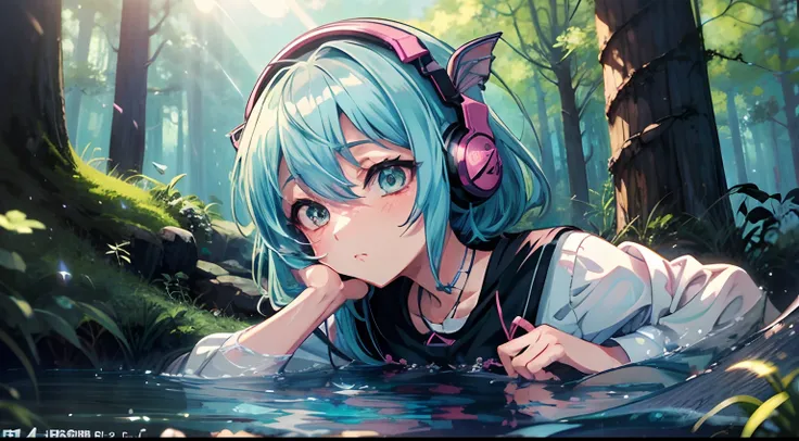 mermaid beautiful caudal fin　lightblue hair　Tsundere　headphones　in woods　izumi　Sunlight　anime style 4 k, Anime style. 8K, anime moe art style, Mikudayo, official artwork, lofi-girl, lofi artstyle,, sayori, anime vibes, Anime style mixed with Fujifilm, digi...