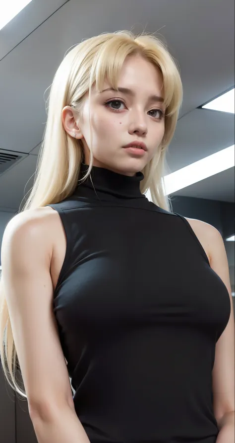 a woman in a black top and skirt standing in a room, female character, blonde girl with long hair, misa amane *,girl wearing a black dress, ( ( misa amane # ) ), seductive girl, she is wearing a black tank top, High quality image, masterpiece, detailed hai...