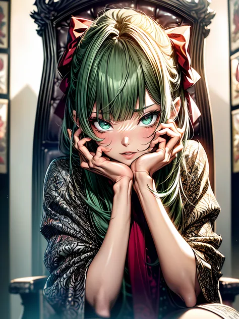 (​masterpiece)、(top-quality)、a throne、
makeup, red blush, 耳环, heart mark, high-heels, 1girl in, florals, the bow,looking in camera、Ahegao ( Silly / Sexual ecstasy)、Cross-eyed、Stranger、View other people、Blunt bangs、 over-kneehighs,Ahegao , Silly,Sexual ecst...