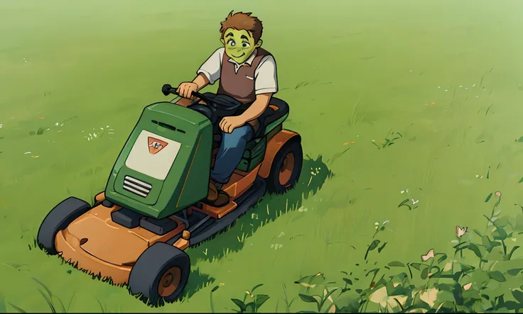 Shrek mowing grass