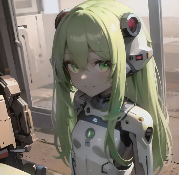 anime girl with green hair and green eyes, android girl, robot, big smile