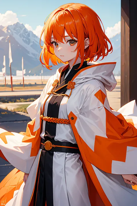 4k,hight resolution,One Woman,White orange hair,Shorthair,Long white kimono,Orange military coat