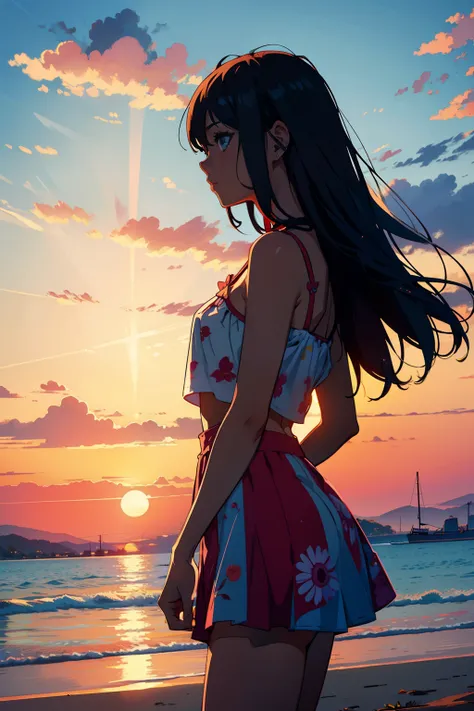 Beautiful Summertime, a girl enjoying, (2d illustration:1.2), sunset, vibrant colors, ((sfw:1.4))