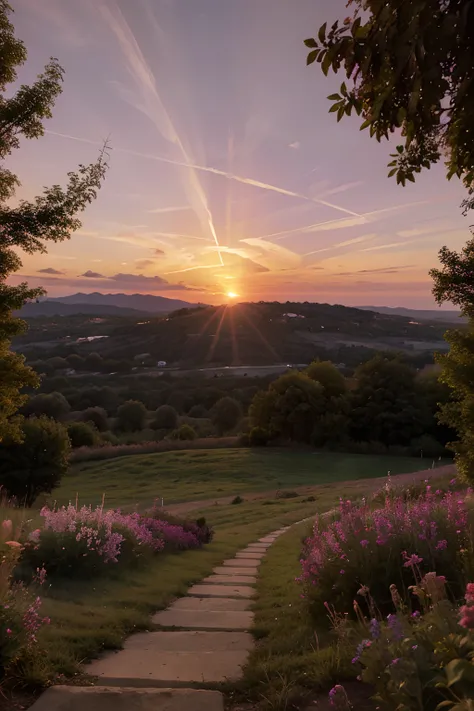 Pink and purple sunset over a hill. The sun is setting behind the hill, Leaving a trail of light in the sky. The hill is covered with trees and shrubs, And theres a lake in the background.