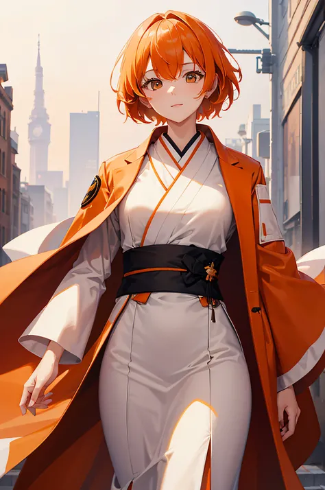 4k,hight resolution,One Woman,White orange hair,Shorthair,Long white kimono,Orange military coat