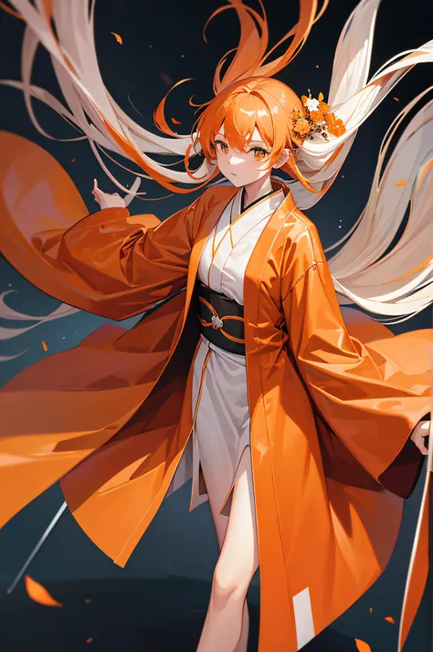 4k,hight resolution,One Woman,White orange hair,Longhaire,Long white kimono,Orange military coat,knifes