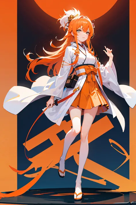 4k,hight resolution,One Woman,White orange hair,Longhaire,Long white kimono,Orange military coat