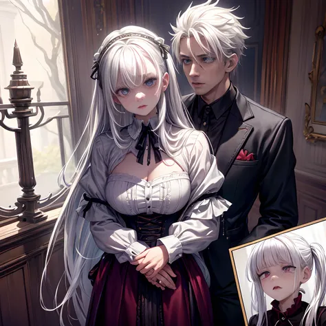 2 Parents，Inside the mansion，Clothes are tattered，White hair, White hair, constricted pupil, crying with eyes open, parted lip, Scared, Nervous, Surprised, symetry, Cowboy shot，Animate