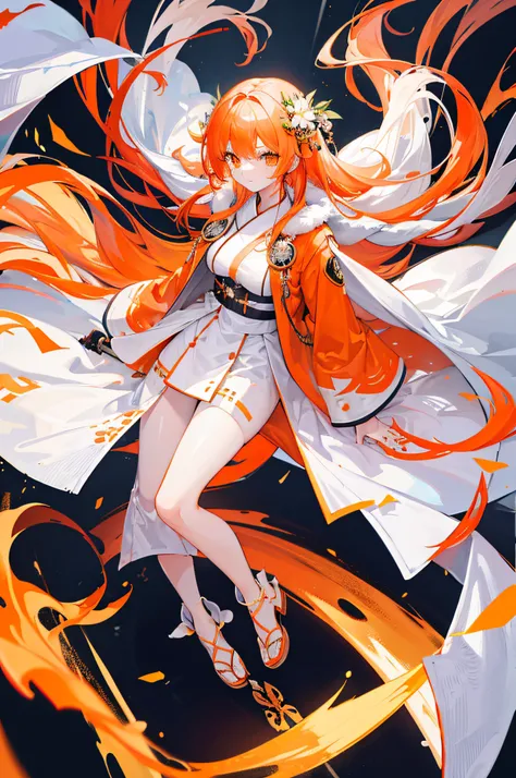 4k,hight resolution,One Woman,White orange hair,Longhaire,Long white kimono,Orange military coat