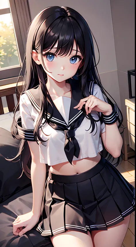 Beautiful illustration、top-quality、Cute little girl s、Bedroom、black color hair、long whitr hair、(((Black pleated skirt)))、(((Black sailor suit)))、short- sleeved、Huge wheat、a navel、Turn up the skirt with your hands、showing white panties、Pull up the skirt，The...