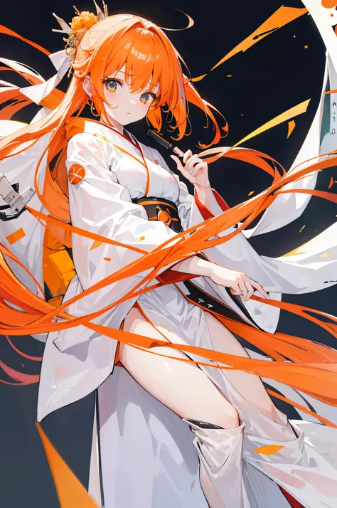 4k,hight resolution,One Woman,White orange hair,Longhaire,Long white kimono,Orange military coat