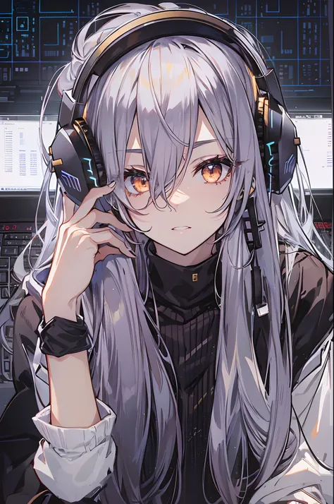 Woman using computer with big screen、silber hair、Semi-long hair、Wearing cool headphones,{{{{{{{{ Black Parker Oversize }}}}}}}},beautiful and delicate golden eyes,Thinking,Black clothes,