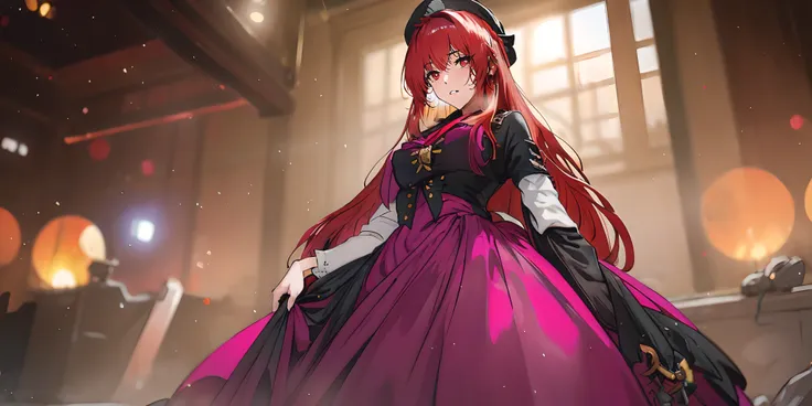 verapgr_rozen, (long hair, red hair, hariband:1.5), (red eyes:1.5), breasts, epic art, fantasy, hat, blurry, skirt_hold, blurry_background, alternate_costume, 1girl, dress, breasts, looking_at_viewer, long_sleeves, light_particles, bokeh, solo, standing, r...