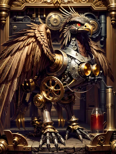 (Best quality, Ultra-detailed, Realistic:1.37), Steampunk mechanical eagle robot, Steampunk eagle robot ,bronze colors, Pipes and tubes, Gears and metals, Rising steam, Metal wings and claws, Metal heads and pecks, Metal feathers,Fine metal feathers, Intri...