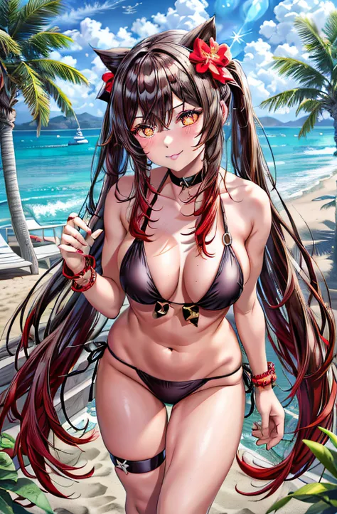 best quality, Ultra High Resolution, 1girl, small black bikini, black choker, ((sarcastic)), (long red brown hair:1), ((swollen eyes)), look at me, full body, Smile at me, eyes red, ((flower pupils)), beautiful, on the beach, standing, muscular belly, thic...