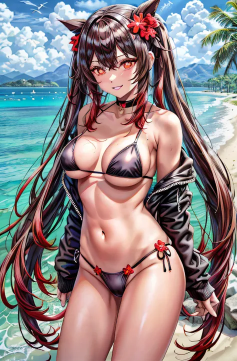 best quality, Ultra High Resolution, 1girl, small black bikini, black choker, ((sarcastic)), (long red brown hair:1), ((swollen eyes)), look at me, full body, Smile at me, eyes red, ((flower pupils)), beautiful, on the beach, standing, muscular belly, thic...