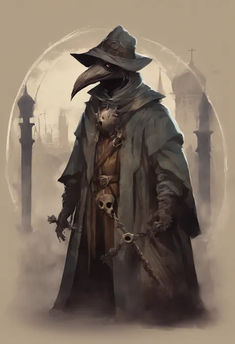 A doctor from the time of the scary plague with medieval clothes and the classic mask of the time with the pointed beak.