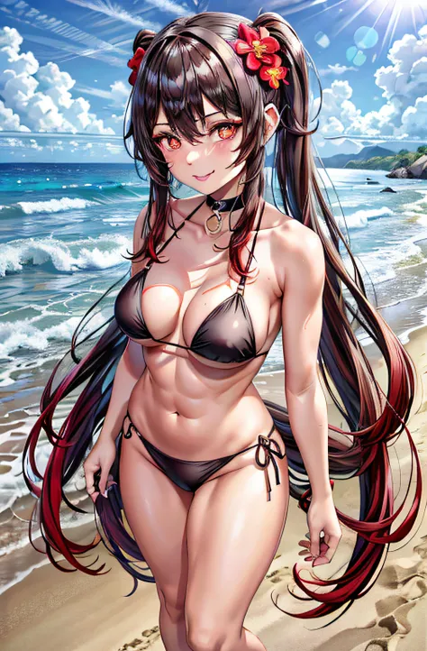 best quality, Ultra High Resolution, 1girl, small black bikini, black choker, ((sarcastic)), (long red brown hair:1), ((swollen eyes)), look at me, full body, Smile at me, eyes red, ((flower pupils)), beautiful, on the beach, standing, muscular belly, thic...