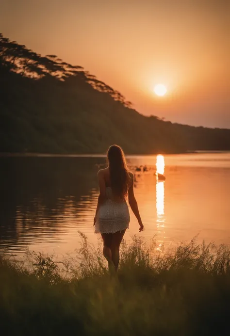 uma linda mulher caminhando na praia, por do sol, luz no cabelo (8k, obra prima, melhor qualidade) "Imagine a magical setting where music and nature intertwine in harmony. Visualize a serene sunset over a serene lake, with golden reflections dancing in the...