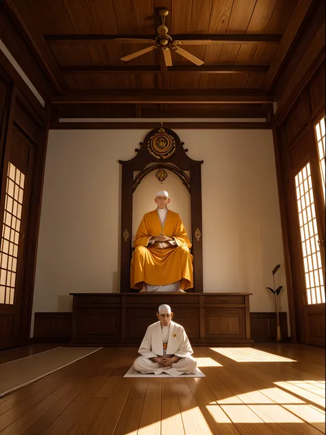 Crie um monje budista, sentado  ,com vestimenta da cor s laranja, em uma sala zen, with wooden floor   , 4K ultra-high-definition image